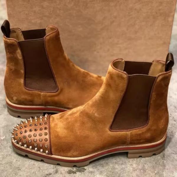 Christian Loubouti.n Spikes Suede Chelsea Boots Tan Premium