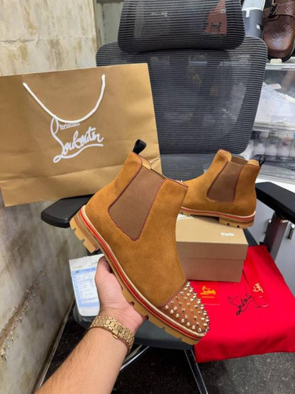 Christian Loubouti.n Spikes Suede Chelsea Boots Tan Premium