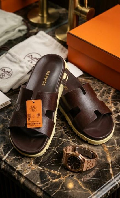 HERME.S IZMIR THICK SOLE ITALIAN SLIDE BROWN 44