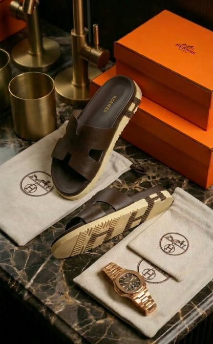 HERMMES IZMIR THICK SOLE ITALIAN SLIDE BROWN 44
