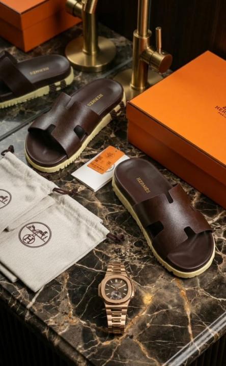 HERMMES IZMIR THICK SOLE ITALIAN SLIDE BROWN 44