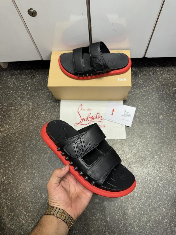 Christian Loubouti.n Strapt Rubber Spike Slipers Black Premium Sandals Slides