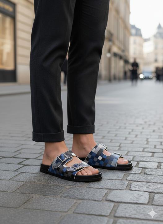 _Louis_VUITTON_trainer mule blue multi checks 2 strap leather sandal