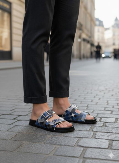 _Louis_VUITTON_trainer mule blue multi checks 2 strap leather sandal