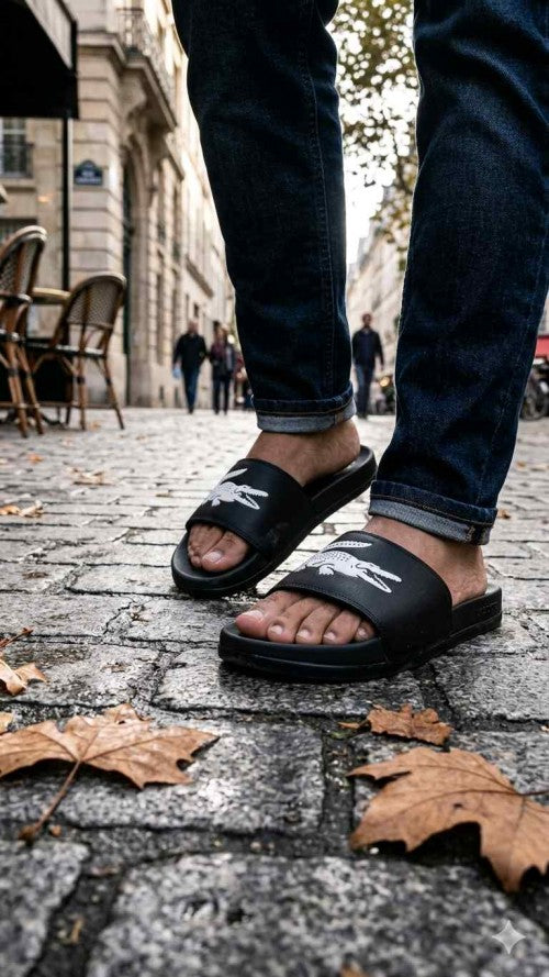LACOSTTE EMBOSSED BLACK FLIP FLOP