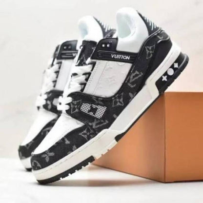 LOIUS VUTTON LV TRAINER SNEAKERS BLACK AND WHITE MONOGRAM TEXTITE DESIGN FIX