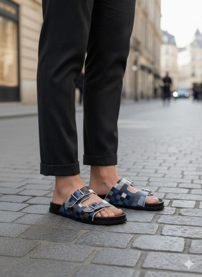 _Louis_VUITTON_trainer mule blue multi checks 2 strap leather sandal