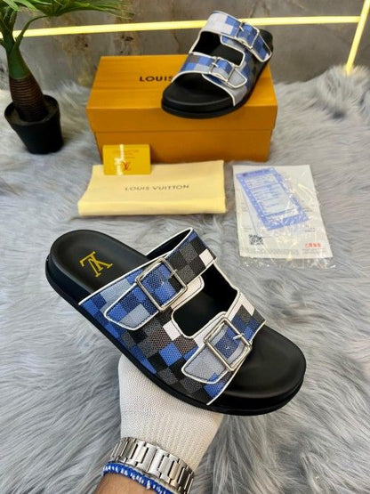 _Louis_VUITTON_trainer mule blue multi checks 2 strap leather sandal