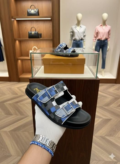 _Louis_VUITTON_trainer mule blue multi checks 2 strap leather sandal